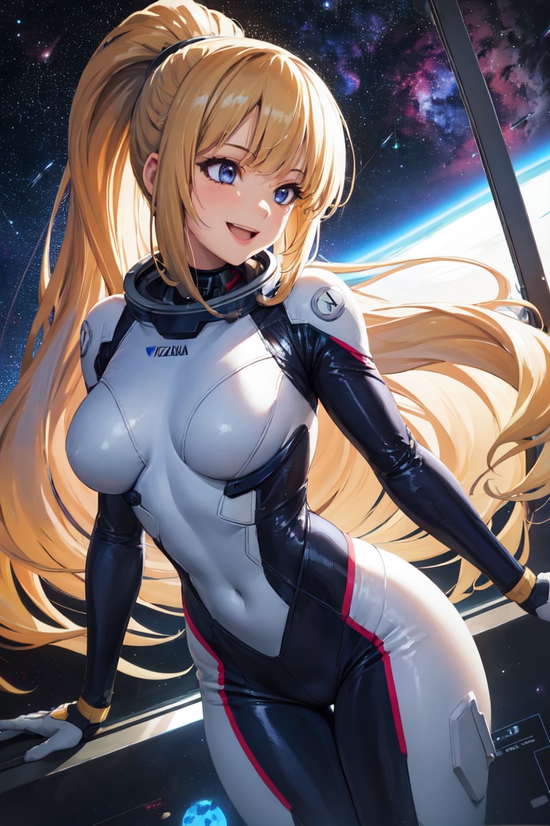 masterpiece, best quality, absurdres, perfect anatomy, 1girl, solo, KeiKaruizawa, hair scurnchie, ponytail, astronaut suit...